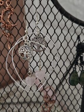 Silver Tree of Life Hoop Earrings with Pink Heart Rose Quartz Gemstones
